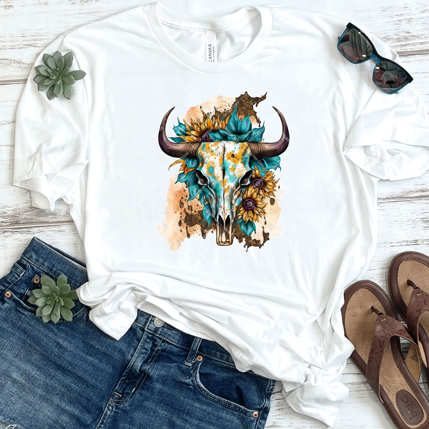 Turquoise & Sunflower Adorned Cow Skull DTF