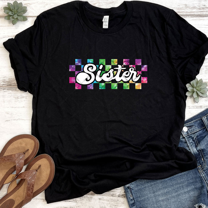 Tie Dye Checkered Sister DTF Transfer