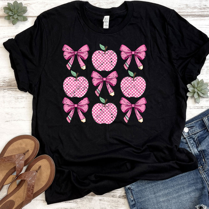 Pink Teacher Pencil Bows & Checkered Apples DTF Transfer