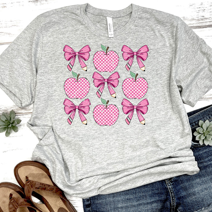 Pink Teacher Pencil Bows & Checkered Apples DTF Transfer