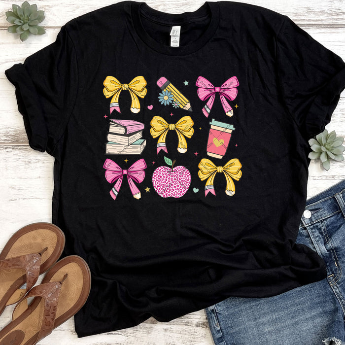 Teacher Pencil Bows, Apples & Coffee DTF Transfer