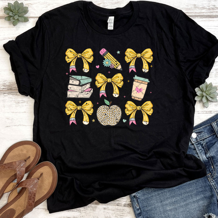 Yellow Teacher Pencil Bows, Apples & Coffee Retro DTF Transfer