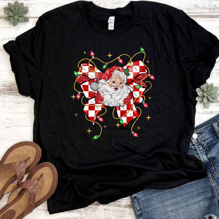 Glittery Santa With Red Checkered Bow DTF Transfer