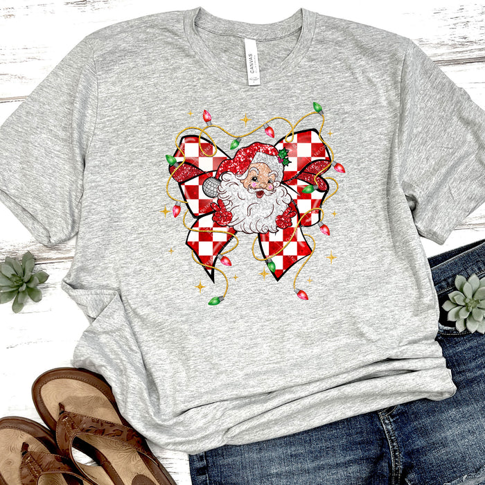 Glittery Santa With Red Checkered Bow DTF Transfer
