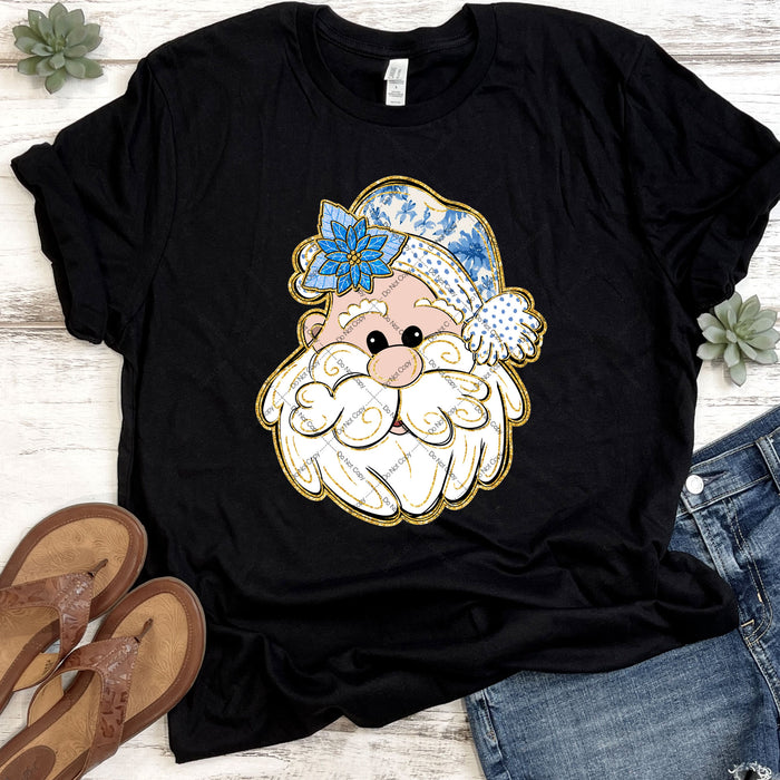Blue Floral Santa DTF Transfer