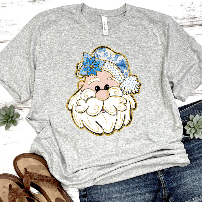 Blue Floral Santa DTF Transfer