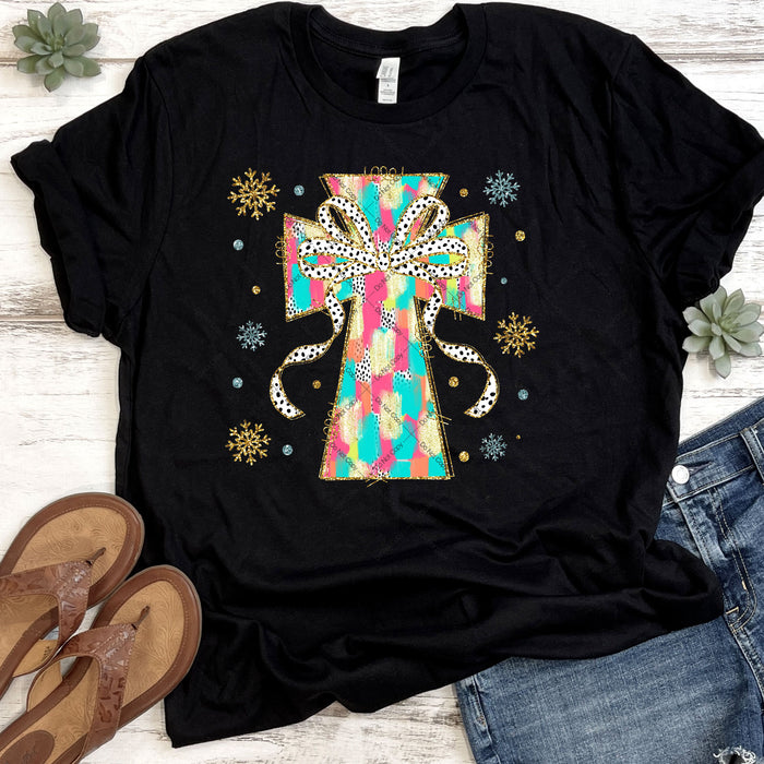 Colorful Cross With Dalmatian Print Bow DTF Transfer