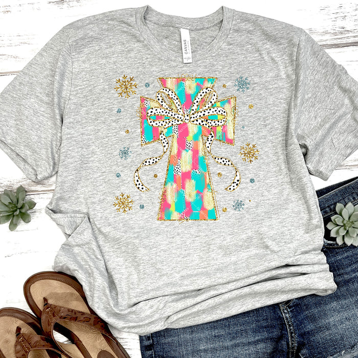 Colorful Cross With Dalmatian Print Bow DTF Transfer