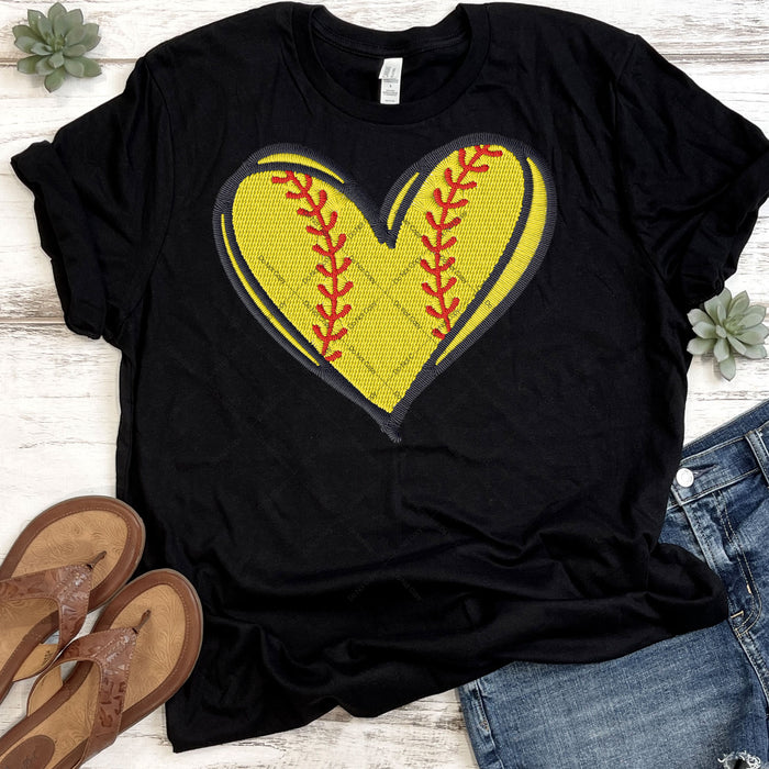 Softball Heart Faux Embroidery DTF Transfer