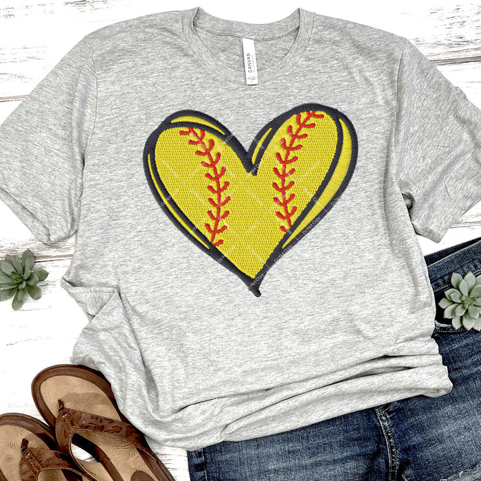 Softball Heart Faux Embroidery DTF Transfer