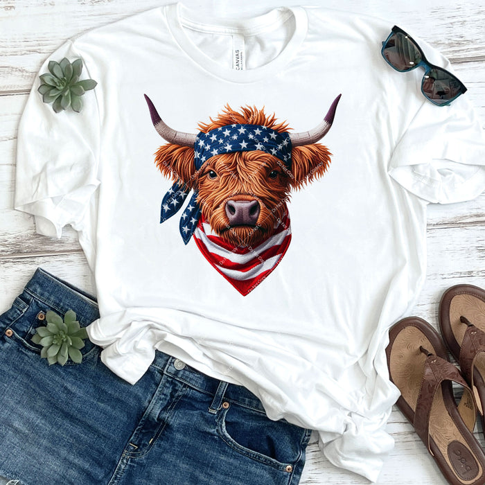 Patriotic Highland Bull Faux Embroidery DTF Transfer