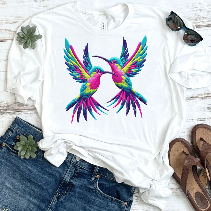 Colorful Hummingbirds Faux Embroidery DTF Transfer