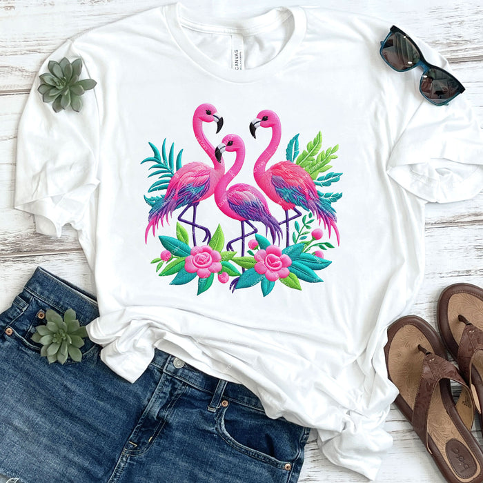 Colorful Flamingos Faux Embroidery DTF Transfer