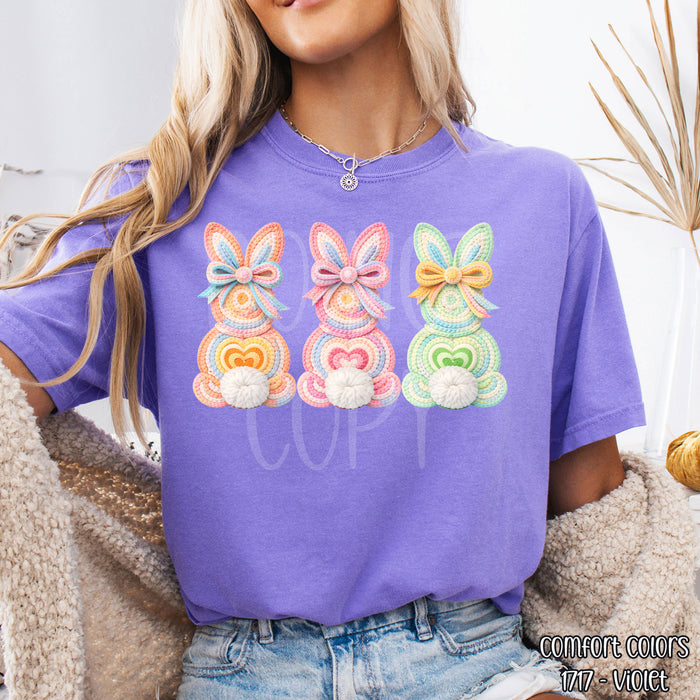 A Trio of Faux Crochet Bunnies DTF Transfer