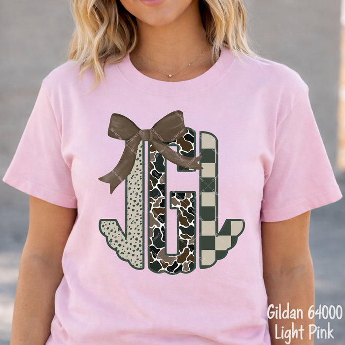 Custom Ruffled Camo Trio Monogram w/ Bow DTF Transfer