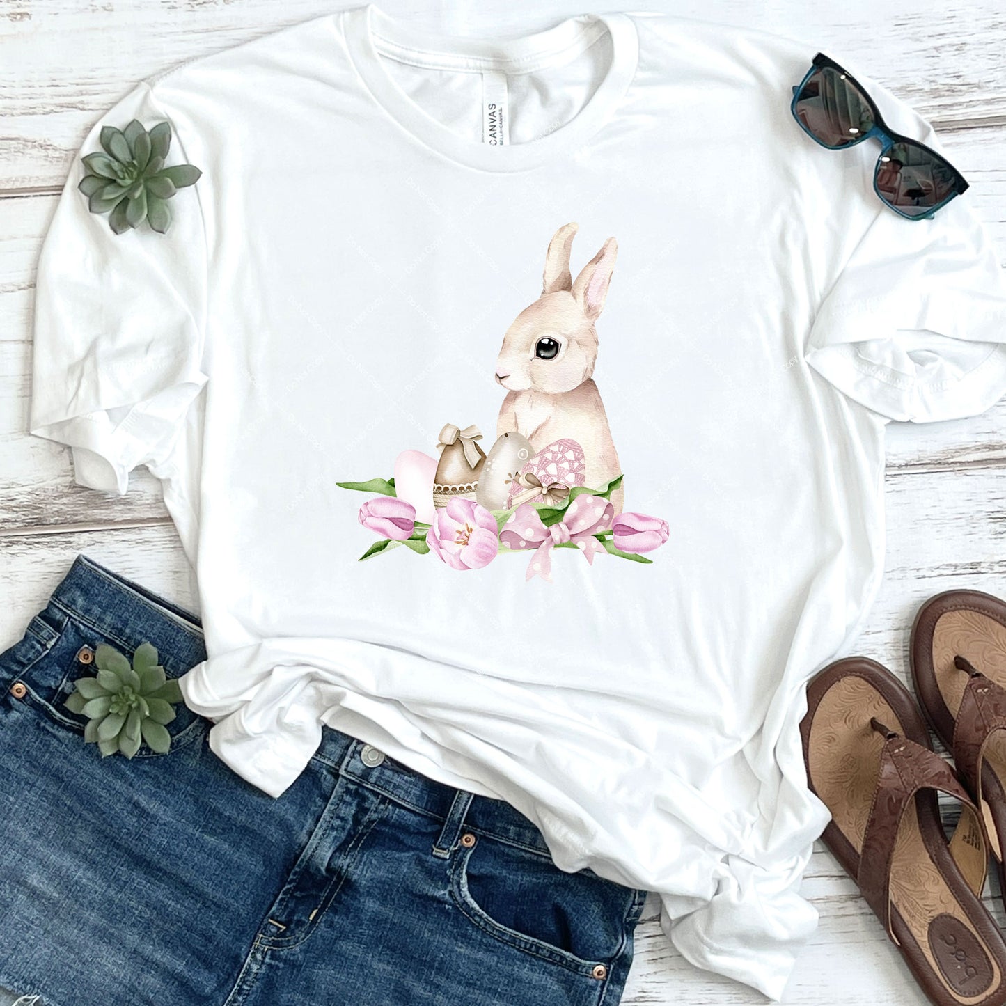 Cute Bunny With Easter Eggs And Lillies DTF