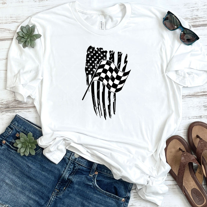 Vertical American Flag & Checkered Racing Flag B&W DTF