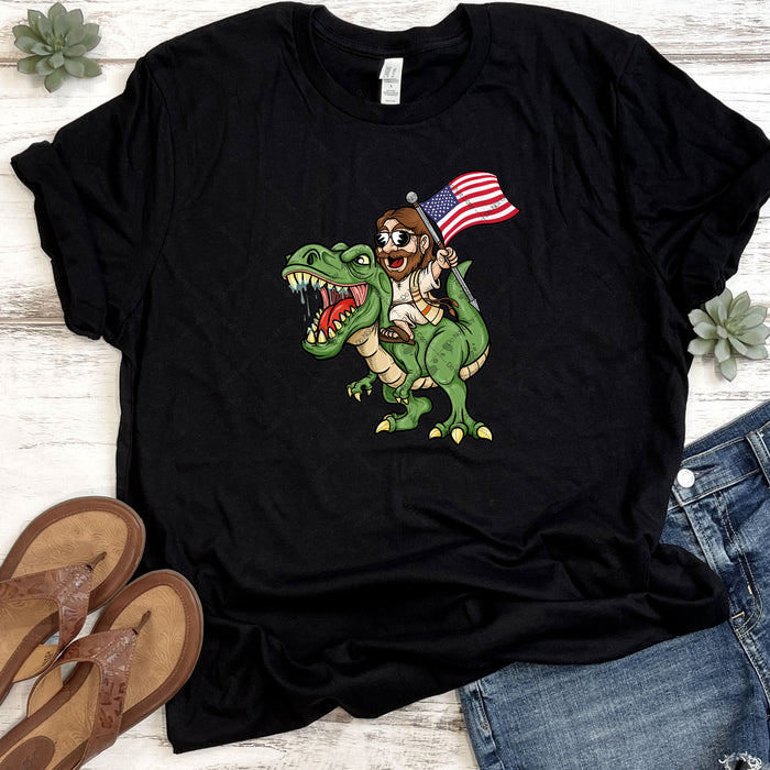 American Jesus Riding A T Rex DTF