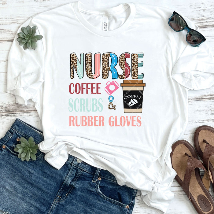 Nurse Coffee Scrubs & Rubber Gloves DTF